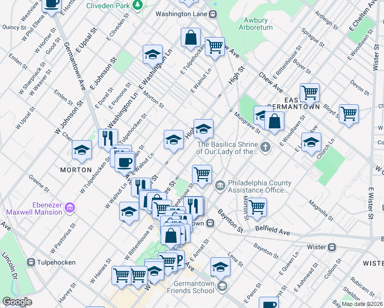 map of restaurants, bars, coffee shops, grocery stores, and more near 260 High Street in Philadelphia