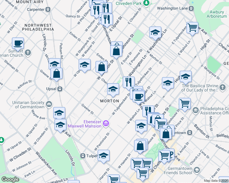 map of restaurants, bars, coffee shops, grocery stores, and more near 6330 Cherokee Street in Philadelphia