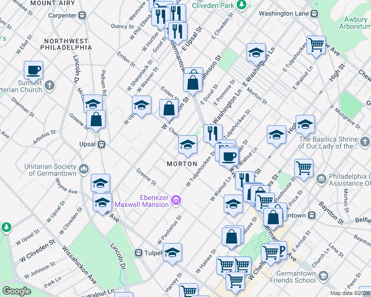 map of restaurants, bars, coffee shops, grocery stores, and more near 6330 Cherokee Street in Philadelphia