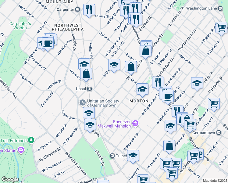 map of restaurants, bars, coffee shops, grocery stores, and more near 220 West Johnson Street in Philadelphia