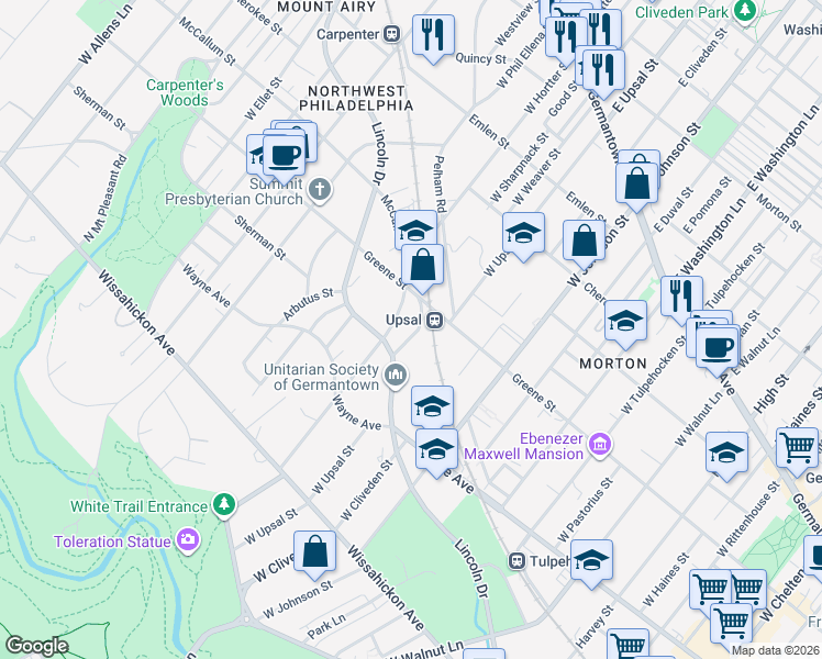 map of restaurants, bars, coffee shops, grocery stores, and more near 6505 Greene Street in Philadelphia
