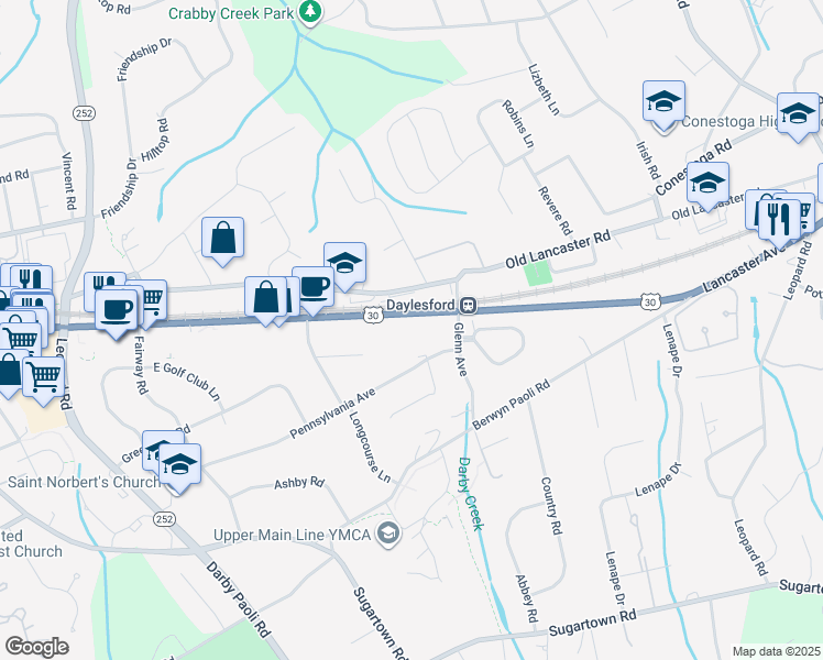 map of restaurants, bars, coffee shops, grocery stores, and more near 1456-1476 East Lancaster Avenue in Paoli