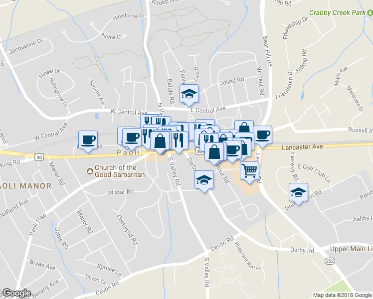 map of restaurants, bars, coffee shops, grocery stores, and more near 14 Paoli Court in Paoli