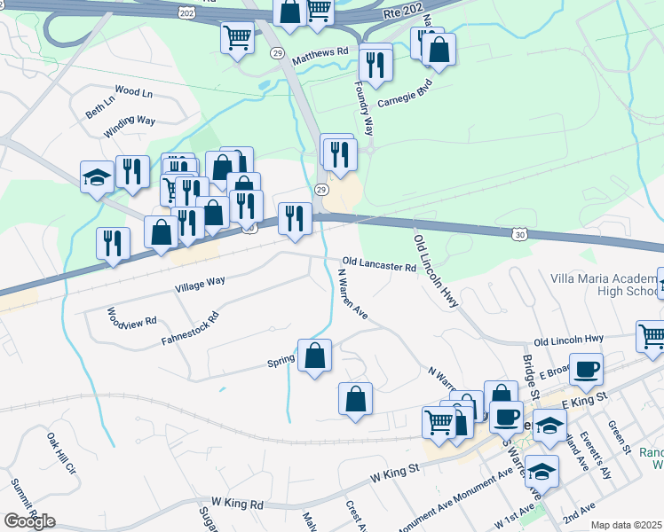 map of restaurants, bars, coffee shops, grocery stores, and more near 2 Old Lancaster Road in Malvern