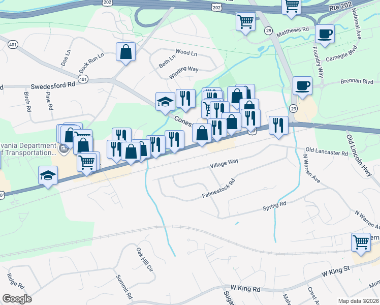 map of restaurants, bars, coffee shops, grocery stores, and more near 155 Lancaster Avenue in Malvern