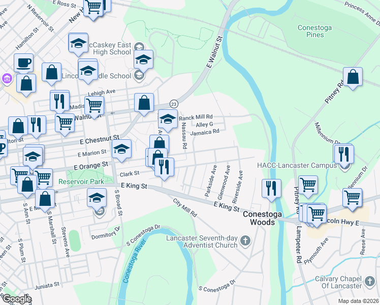 map of restaurants, bars, coffee shops, grocery stores, and more near 1047 East Orange Street in Lancaster