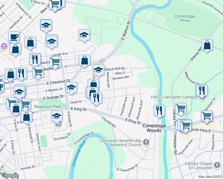 map of restaurants, bars, coffee shops, grocery stores, and more near 1047 East Orange Street in Lancaster