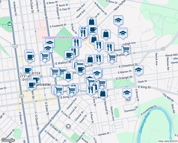 map of restaurants, bars, coffee shops, grocery stores, and more near 435 East Chestnut Street in Lancaster