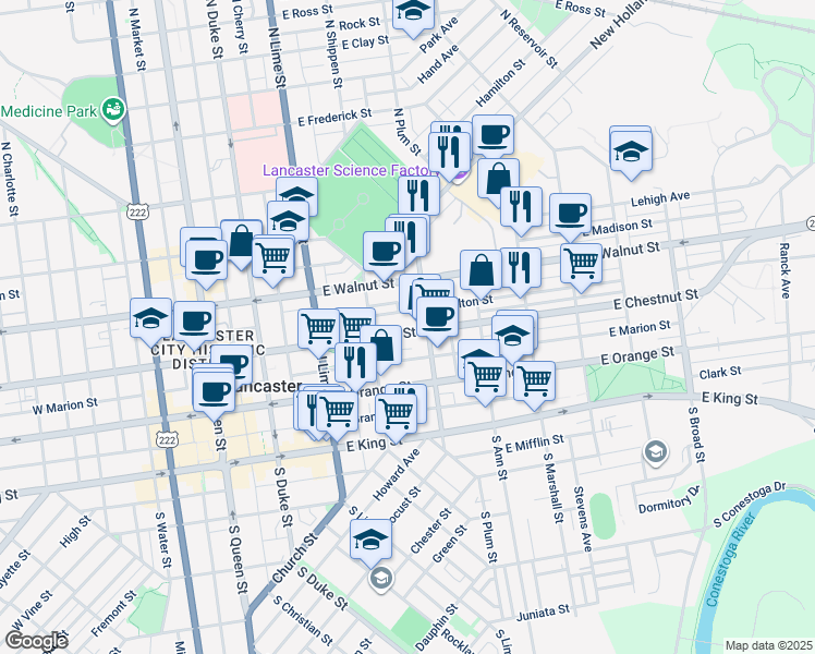 map of restaurants, bars, coffee shops, grocery stores, and more near 328 East Fulton Street in Lancaster