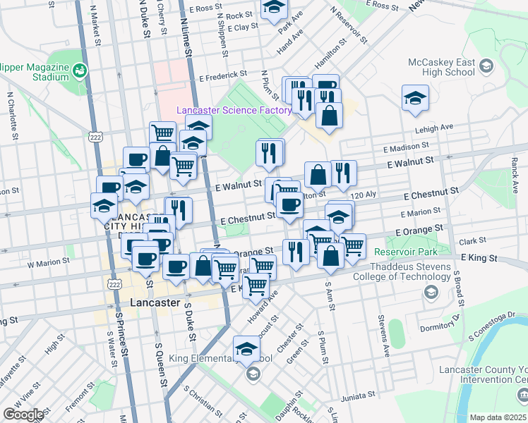 map of restaurants, bars, coffee shops, grocery stores, and more near 328 East Fulton Street in Lancaster