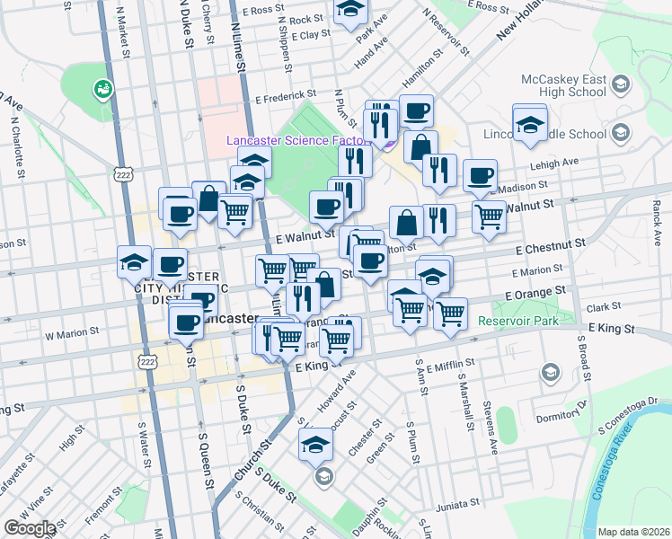 map of restaurants, bars, coffee shops, grocery stores, and more near 328 East Fulton Street in Lancaster