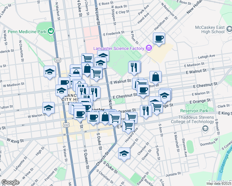 map of restaurants, bars, coffee shops, grocery stores, and more near 240 East Fulton Street in Lancaster