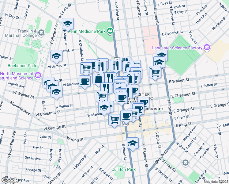 map of restaurants, bars, coffee shops, grocery stores, and more near 201 West Walnut Street in Lancaster