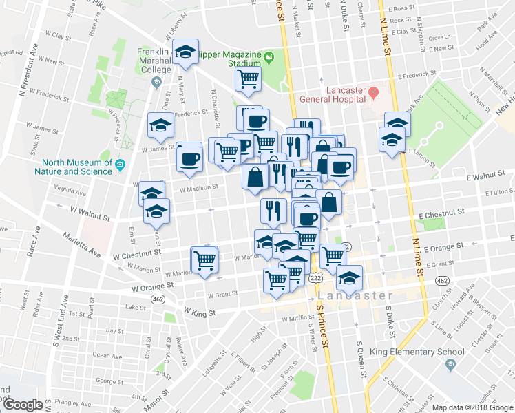 map of restaurants, bars, coffee shops, grocery stores, and more near 251 West Walnut Street in Lancaster