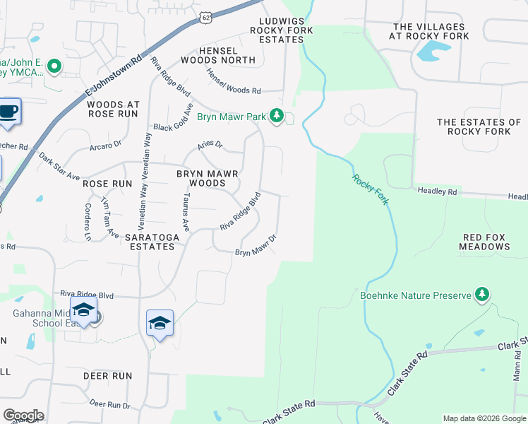 map of restaurants, bars, coffee shops, grocery stores, and more near 955 Riva Ridge Boulevard in Columbus