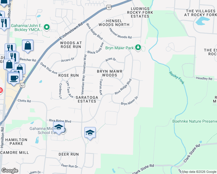map of restaurants, bars, coffee shops, grocery stores, and more near 850 Moon Glow Court in Columbus