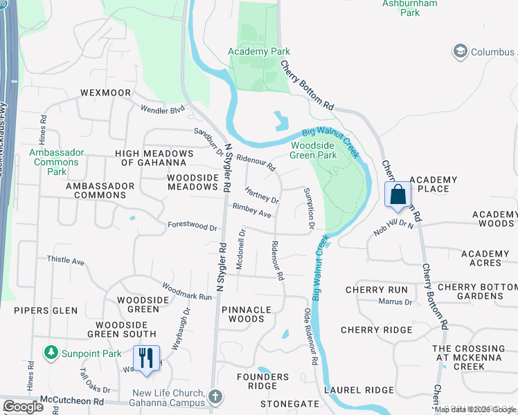 map of restaurants, bars, coffee shops, grocery stores, and more near 915 Hartney Drive in Columbus