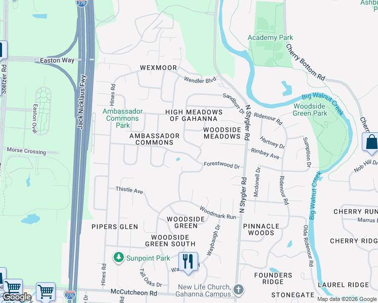 map of restaurants, bars, coffee shops, grocery stores, and more near 887 Windbourne Street in Gahanna