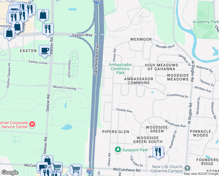 map of restaurants, bars, coffee shops, grocery stores, and more near 3375 Hines Road in Columbus