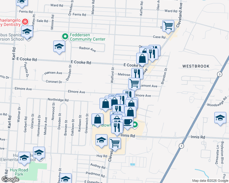map of restaurants, bars, coffee shops, grocery stores, and more near 3665 Walford Street in Columbus