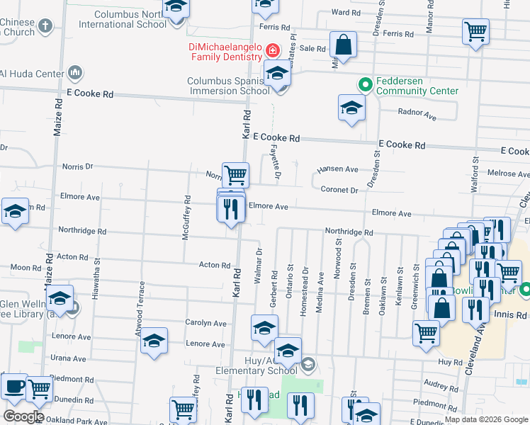 map of restaurants, bars, coffee shops, grocery stores, and more near 1490 Elmore Avenue in Columbus