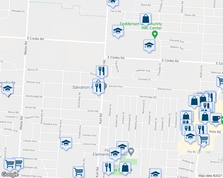 map of restaurants, bars, coffee shops, grocery stores, and more near 1490 Elmore Avenue in Columbus