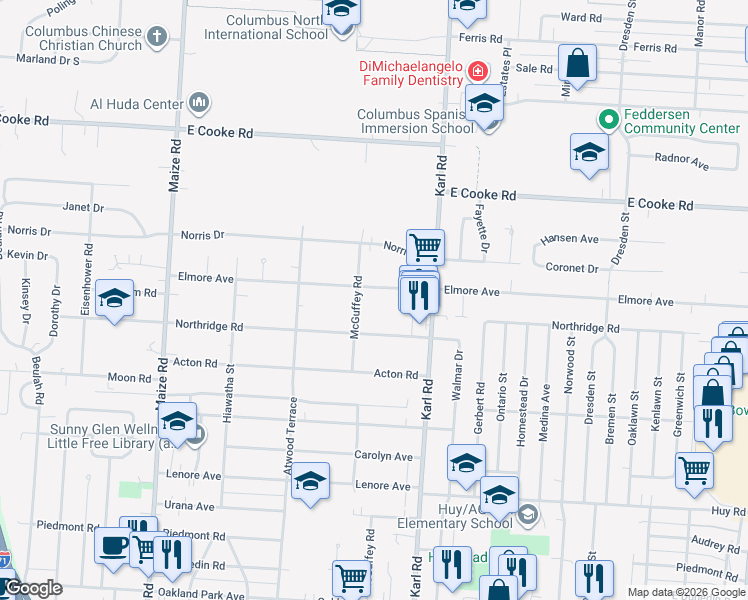 map of restaurants, bars, coffee shops, grocery stores, and more near 1332 Elmore Avenue in Columbus