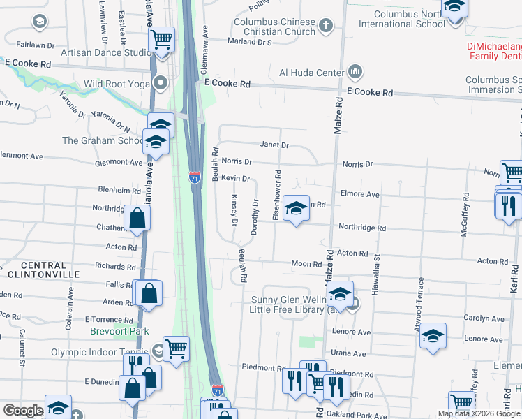 map of restaurants, bars, coffee shops, grocery stores, and more near 3796 Dorothy Drive in Columbus
