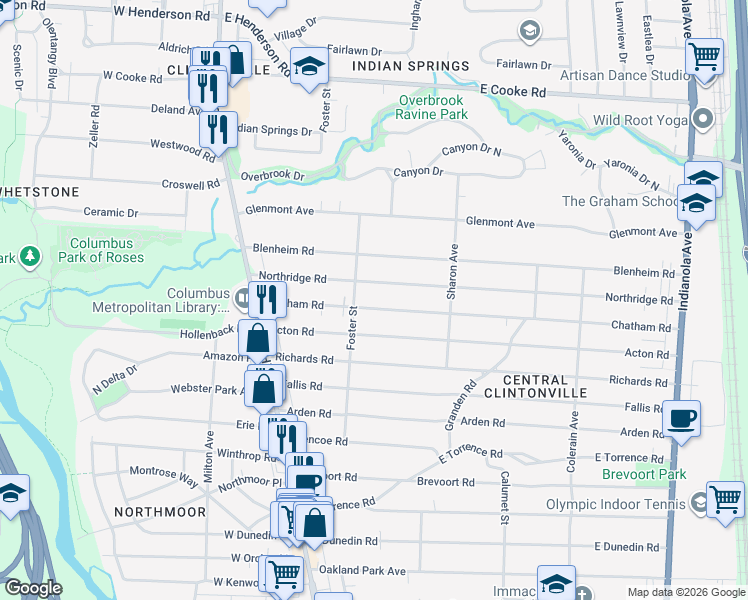 map of restaurants, bars, coffee shops, grocery stores, and more near 199 Northridge Road in Columbus