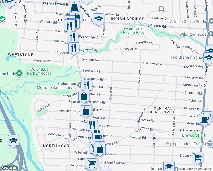 map of restaurants, bars, coffee shops, grocery stores, and more near 147 Northridge Road in Columbus