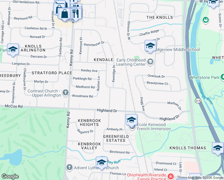 map of restaurants, bars, coffee shops, grocery stores, and more near 936 Kendale Road South in Columbus
