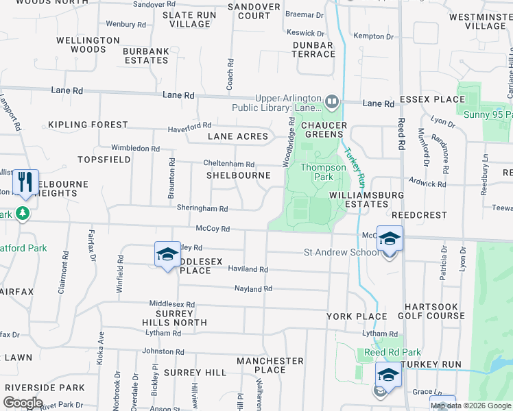 map of restaurants, bars, coffee shops, grocery stores, and more near 2138 Sheringham Road in Columbus