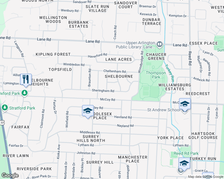 map of restaurants, bars, coffee shops, grocery stores, and more near 2211 Hadleigh Road in Columbus