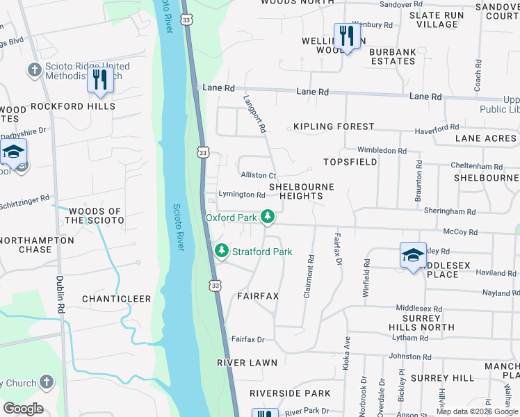 map of restaurants, bars, coffee shops, grocery stores, and more near 2739 Lymington Road in Columbus