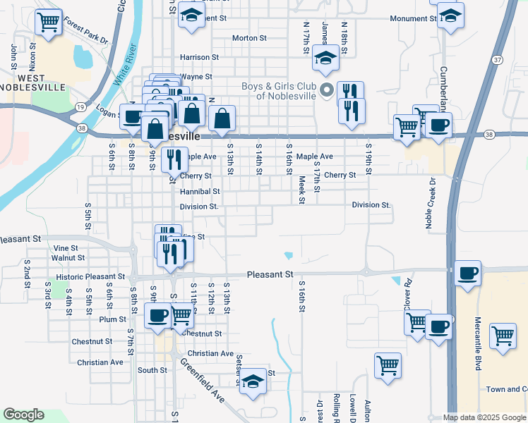 map of restaurants, bars, coffee shops, grocery stores, and more near 399 South 14th Street in Noblesville