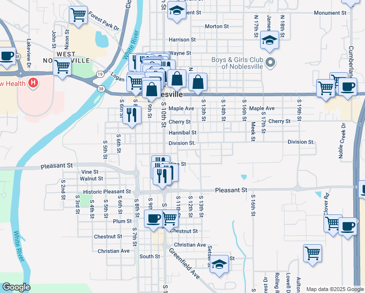 map of restaurants, bars, coffee shops, grocery stores, and more near 1157 Division Street in Noblesville