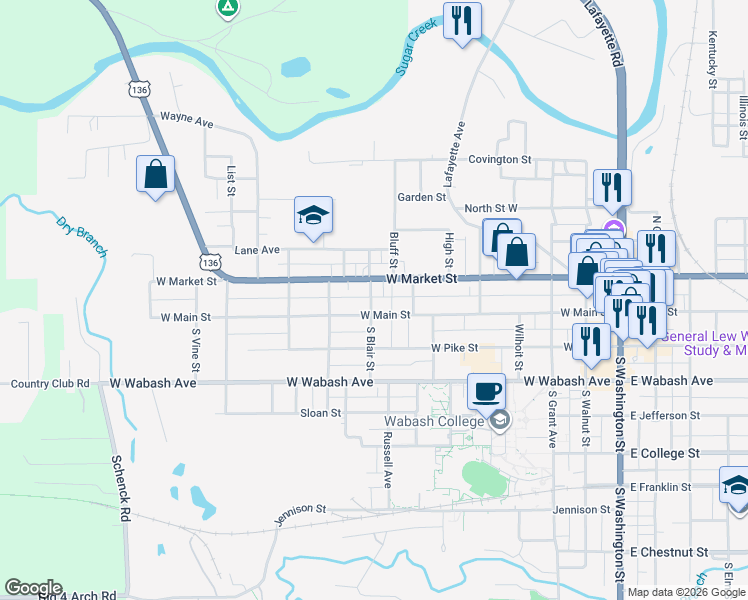 map of restaurants, bars, coffee shops, grocery stores, and more near 803 West Market Street in Crawfordsville