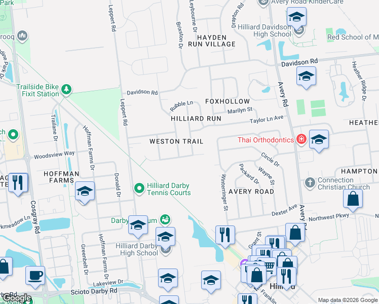 map of restaurants, bars, coffee shops, grocery stores, and more near 4463 Braithway Street in Hilliard