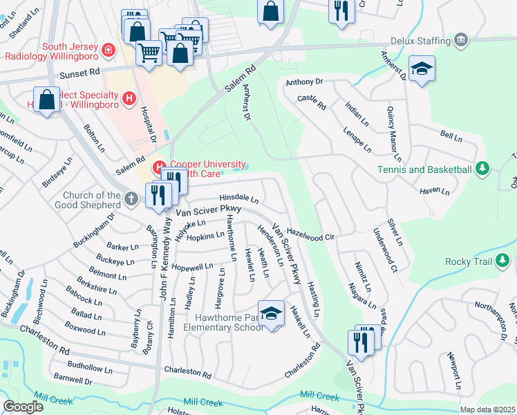 map of restaurants, bars, coffee shops, grocery stores, and more near 62 Hinsdale Lane in Willingboro