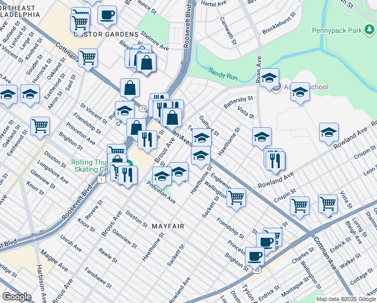 map of restaurants, bars, coffee shops, grocery stores, and more near 7236 Battersby Street in Philadelphia