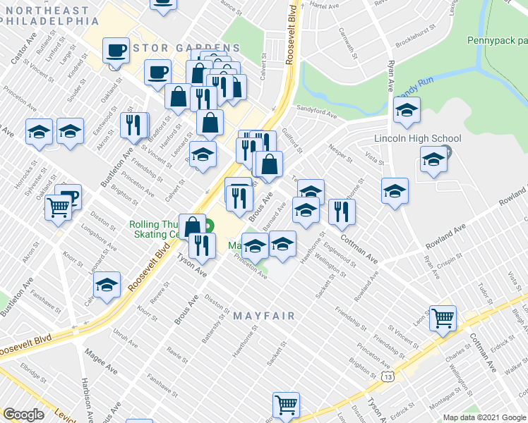 map of restaurants, bars, coffee shops, grocery stores, and more near 7235 Brous Avenue in Philadelphia
