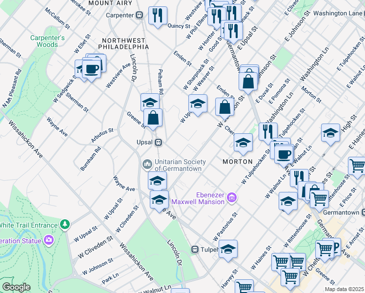 map of restaurants, bars, coffee shops, grocery stores, and more near 6439 Greene Street in Philadelphia