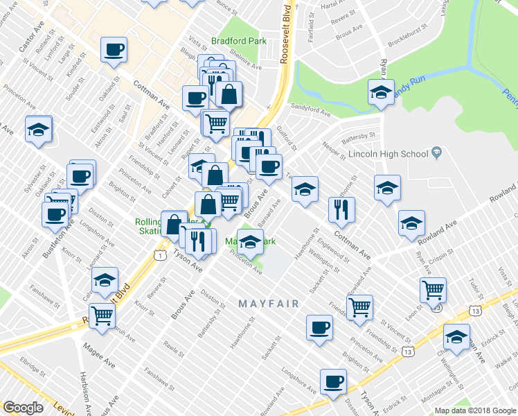 map of restaurants, bars, coffee shops, grocery stores, and more near 7235 Brous Avenue in Philadelphia