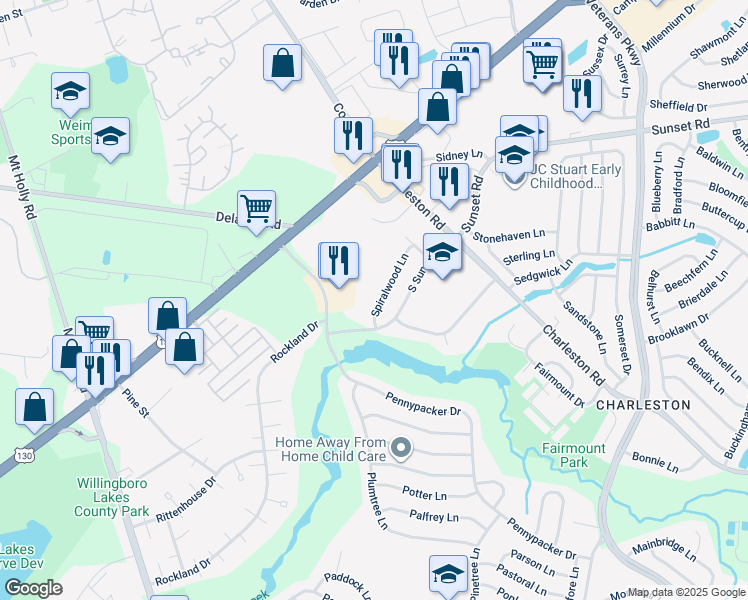 map of restaurants, bars, coffee shops, grocery stores, and more near 15 Spiralwood Lane in Willingboro