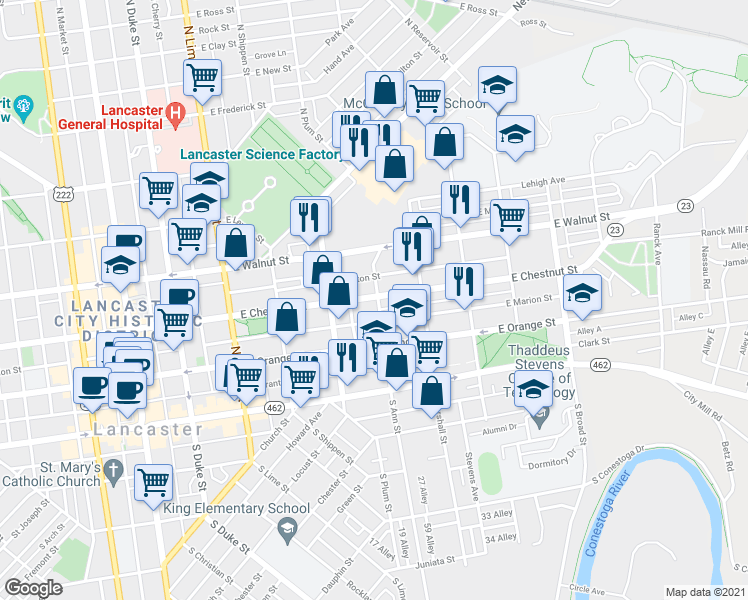 map of restaurants, bars, coffee shops, grocery stores, and more near 452 East Chestnut Street in Lancaster