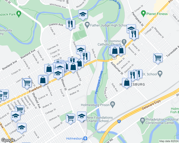 map of restaurants, bars, coffee shops, grocery stores, and more near 4109 Stanwood Street in Philadelphia