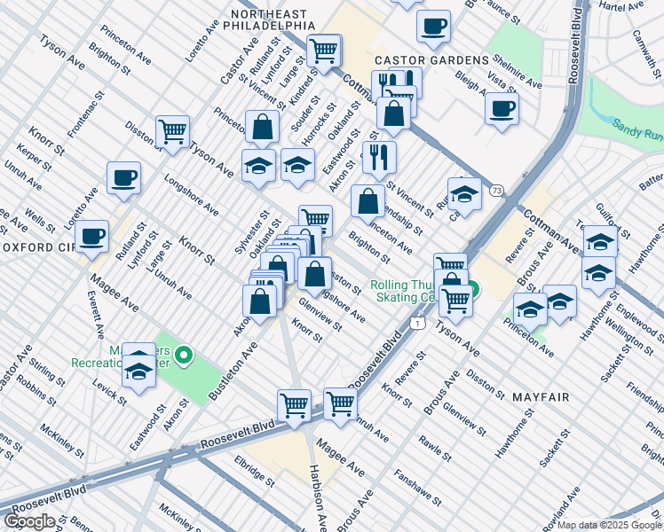 map of restaurants, bars, coffee shops, grocery stores, and more near 2115 Disston Street in Philadelphia