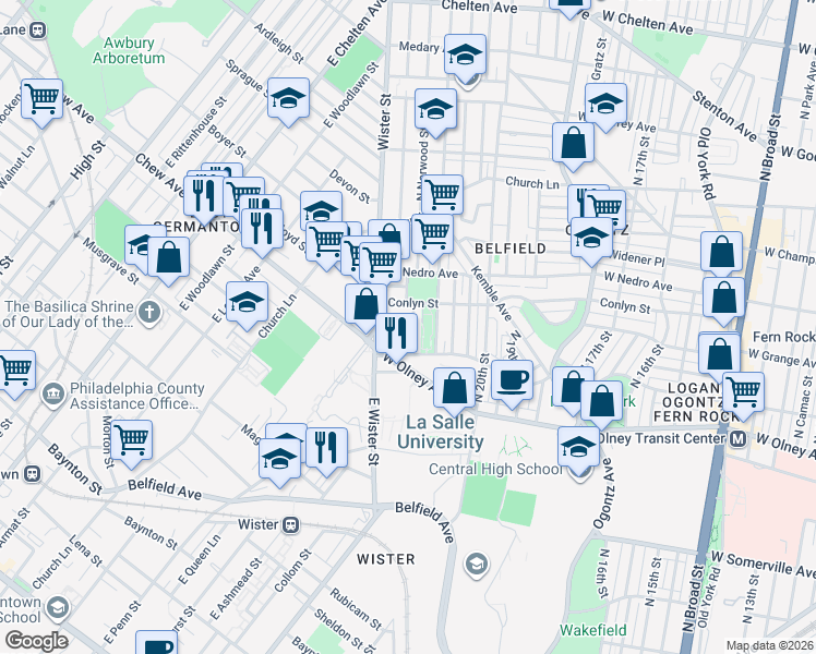 map of restaurants, bars, coffee shops, grocery stores, and more near 2155 Furley Street in Philadelphia