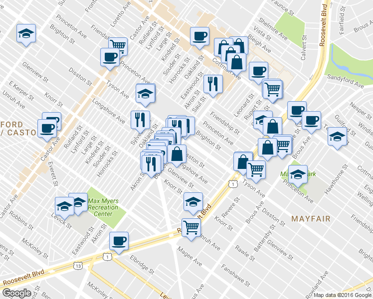 map of restaurants, bars, coffee shops, grocery stores, and more near 2115 Disston Street in Philadelphia