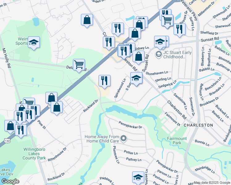 map of restaurants, bars, coffee shops, grocery stores, and more near 15 Spiralwood Lane in Willingboro